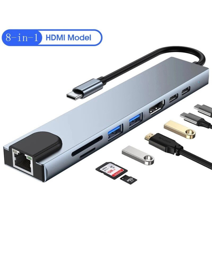 USB концентратор для MacBook Type-C на 8-Port USB TypeC 3.0 Mini Hub SD, TF, RJ 45
