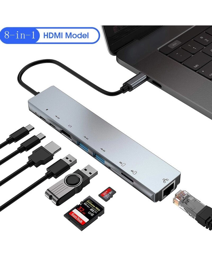 USB концентратор для MacBook Type-C на 8-Port USB TypeC 3.0 Mini Hub SD, TF, RJ 45