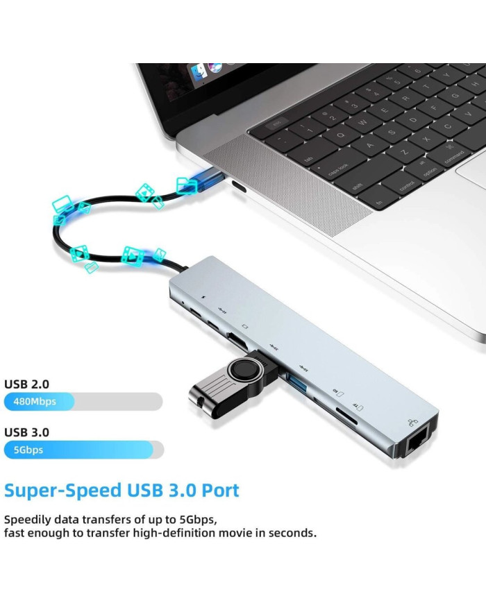 USB концентратор для MacBook Type-C на 8-Port USB TypeC 3.0 Mini Hub SD, TF, RJ 45