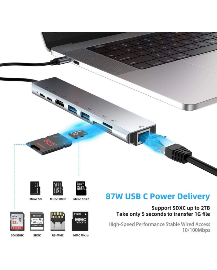 USB концентратор для MacBook Type-C на 8-Port USB TypeC 3.0 Mini Hub SD, TF, RJ 45